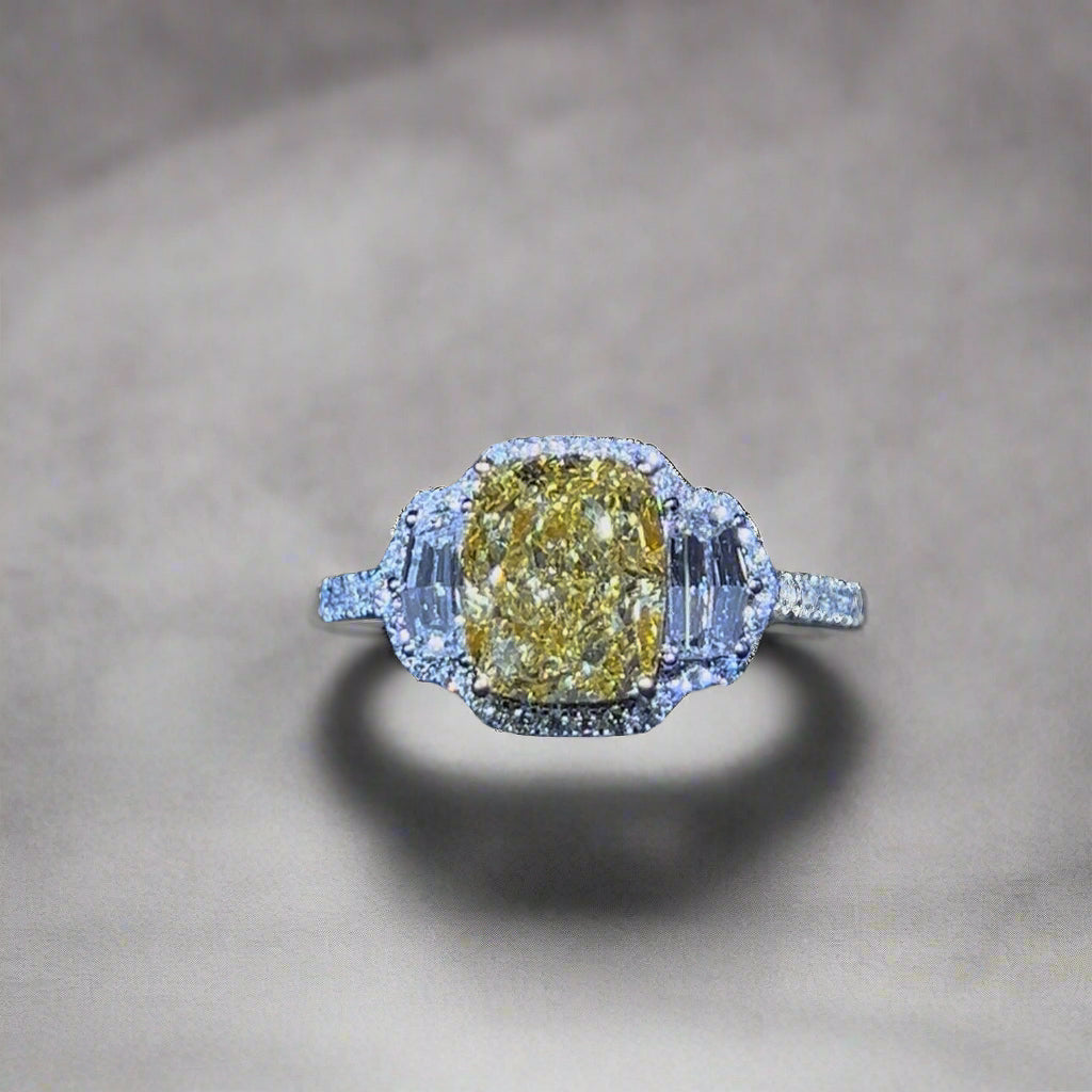2.50CT VIVID YELLOW ELONGATED CUSHION CUT DIAMOND 3 STONE RING