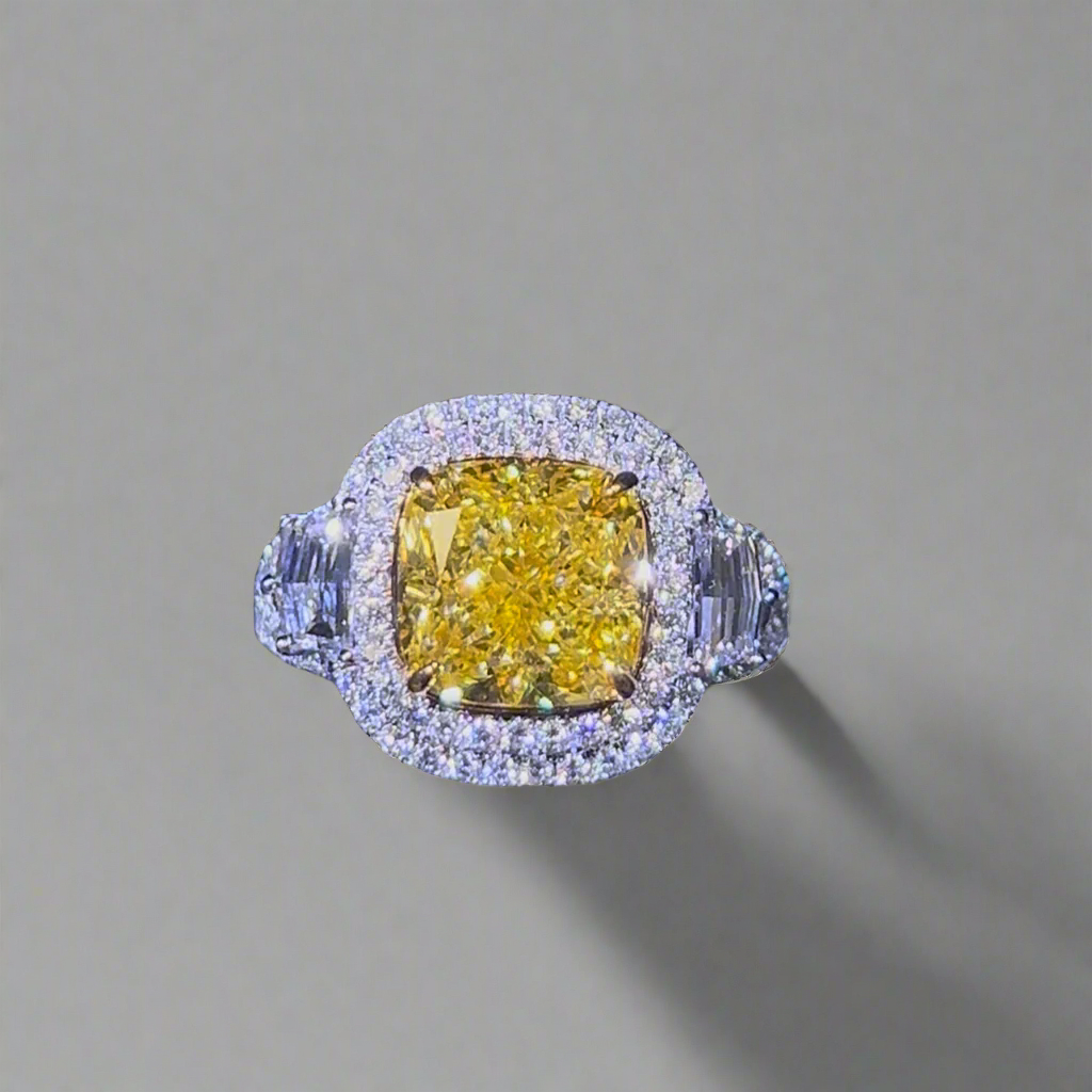 4.00CT VIVID YELLOW CUSHION CUT DIAMOND 3 STONE RING