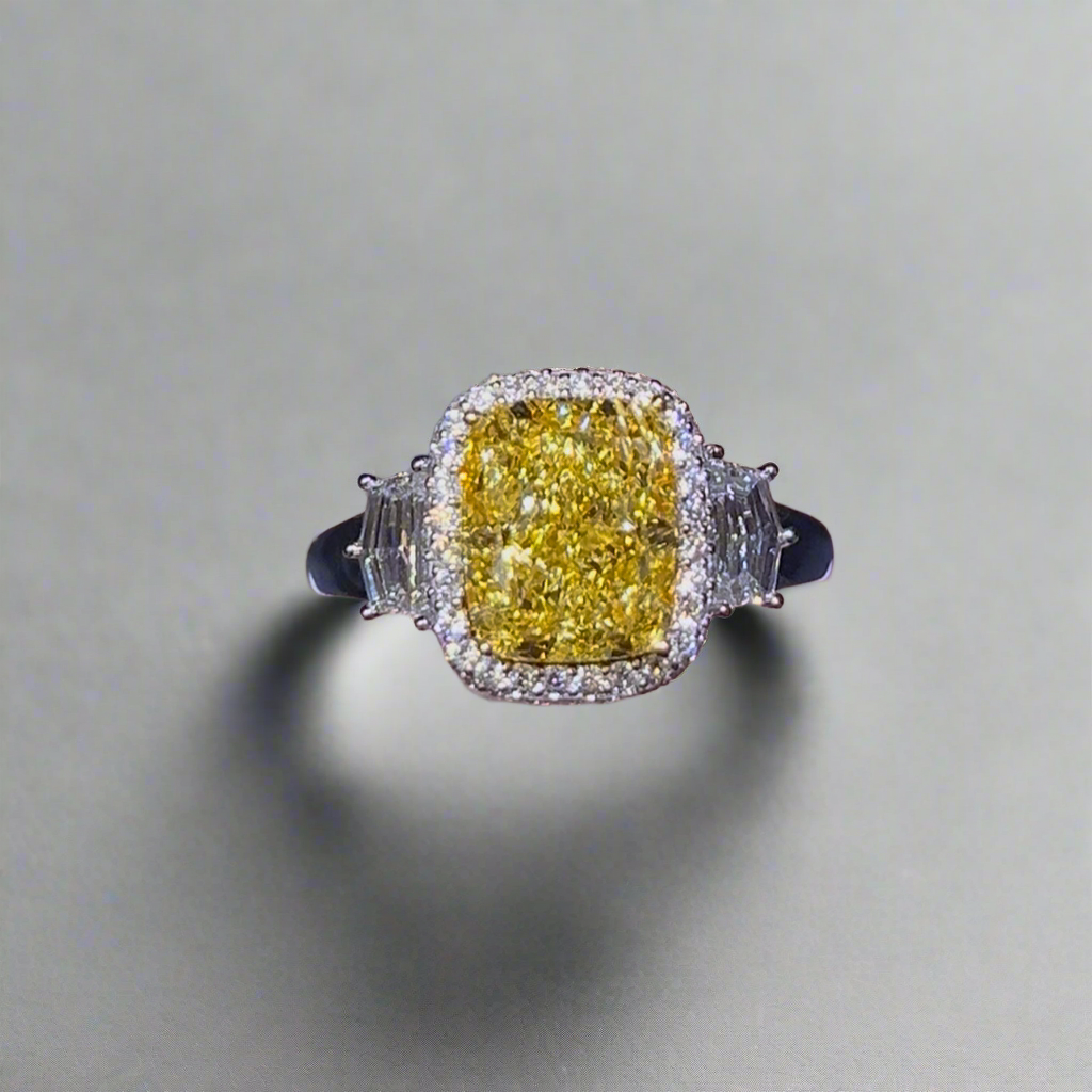 3.50CT VIVID YELLOW ELONGATED CUSHION CUT DIAMOND 3 STONE RING