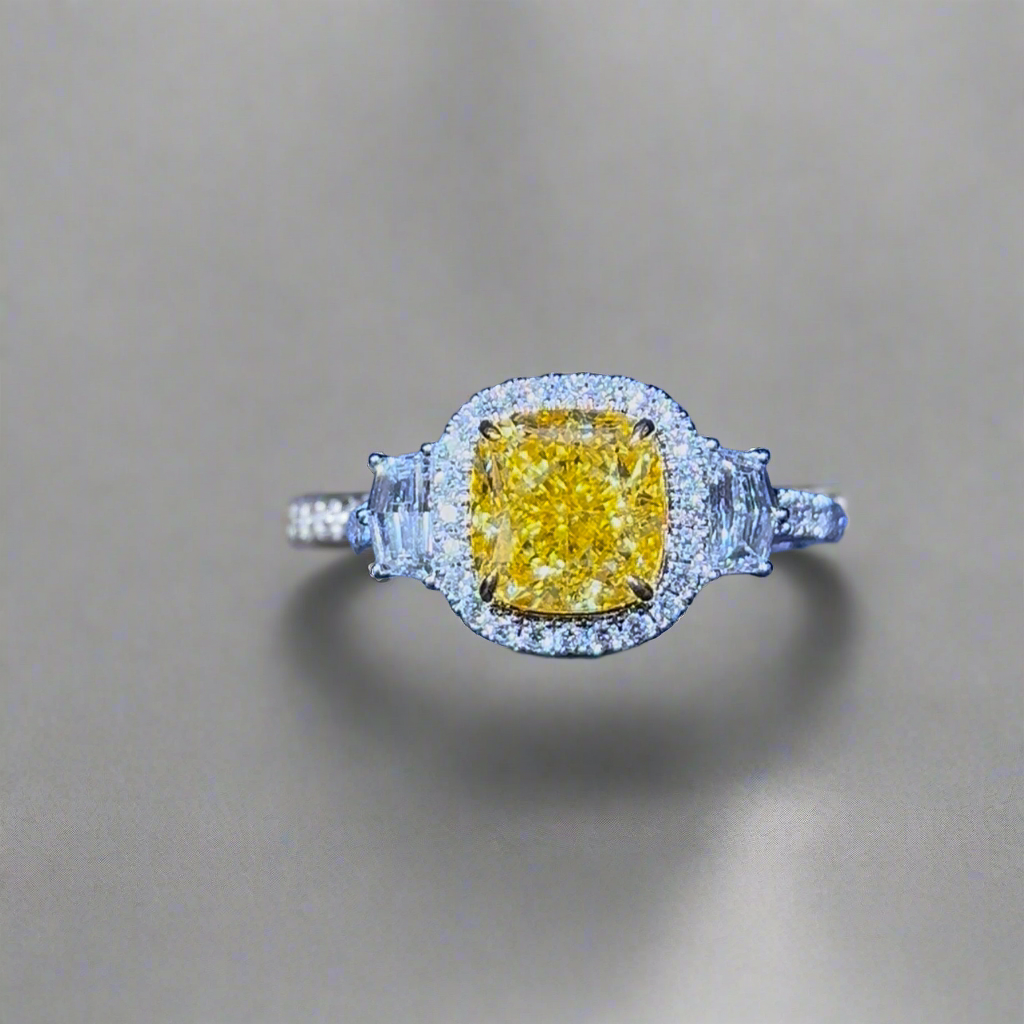 3.00CT VIVID YELLOW CUSHION CUT DIAMOND 3 STONE RING