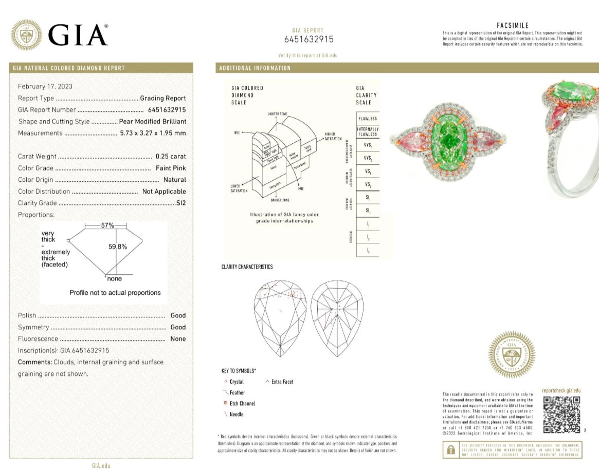 2.10CT GREEN OVAL DIAMOND RING W PINK PEAR DIAMONDS GIA