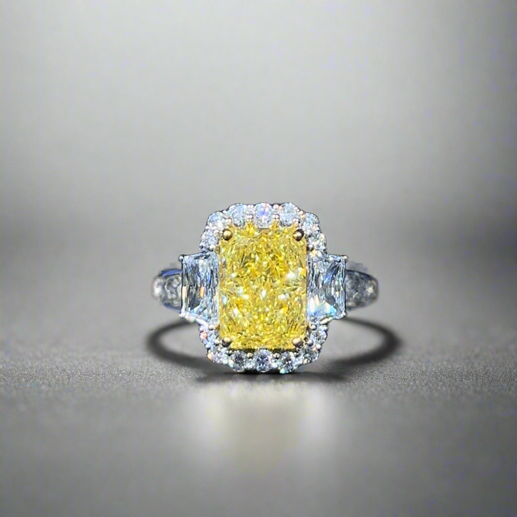 4.00CT VIVID YELLOW RADIANT CUT DIAMOND 3 STONE RING