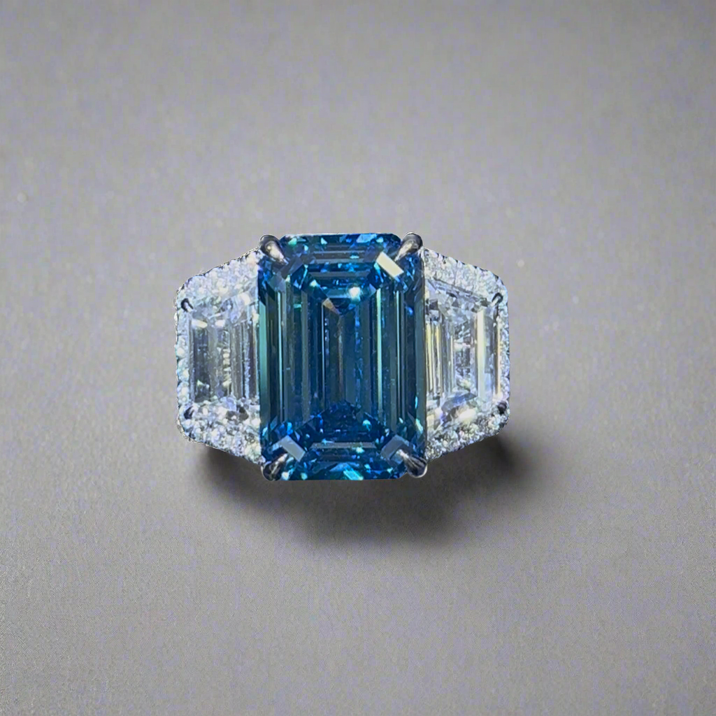 7.00CT VIVID BLUE EMERALD CUT DIAMOND 3 STONE RING