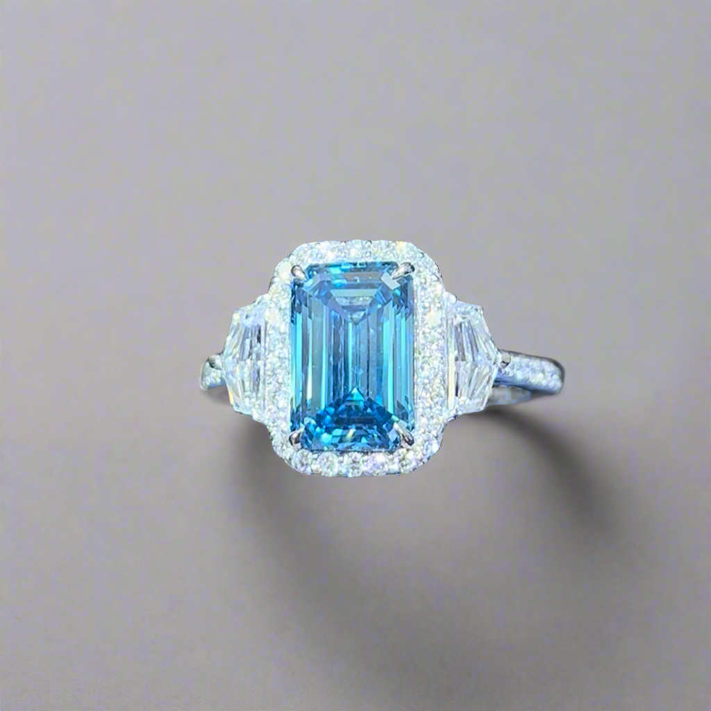 3.00CT VIVID BLUE EMERALD CUT DIAMOND 3 STONE RING