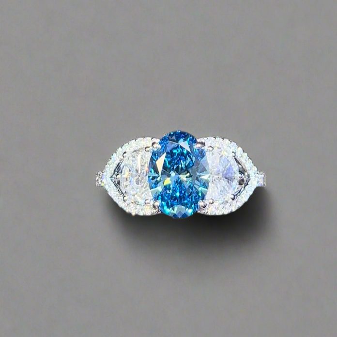 2.00CT VIVID BLUE DIAMOND OVAL CUT 3 STONE RING