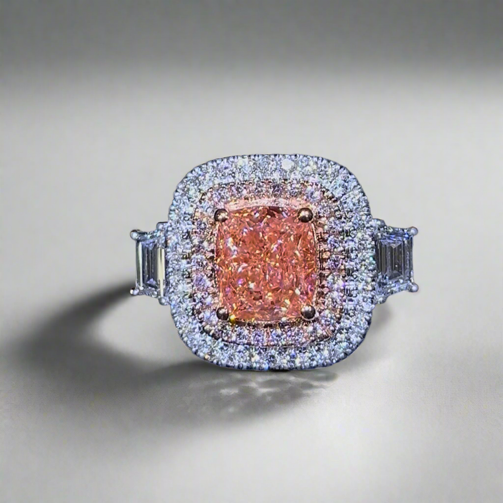3.50CT VIVID PINK ELONGATED CUSHION CUT DIAMOND 3 STONE RING