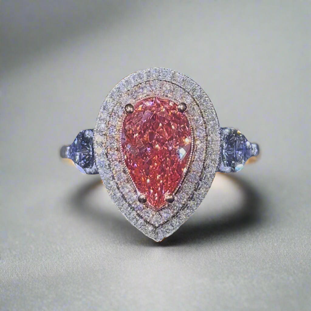 5.00CT VIVID PINK PEAR CUT DIAMOND 3 STONE RING
