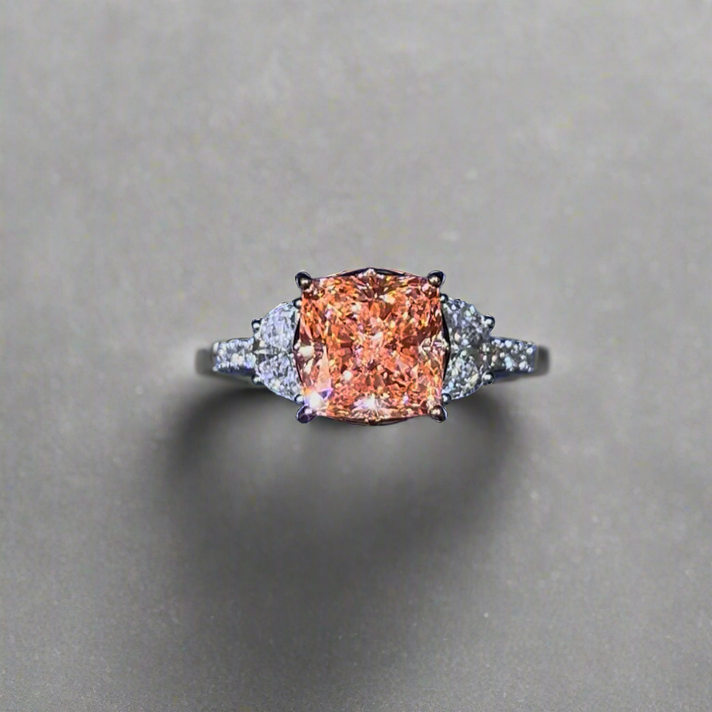 4.00CT VIVID PINK CUSHION CUT DIAMOND 3 STONE RING