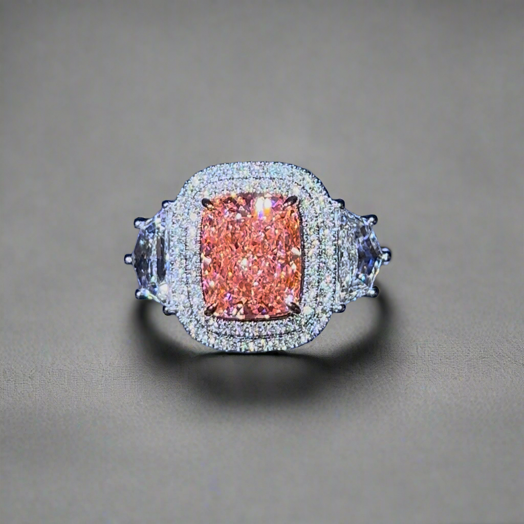3.50CT VIVID PINK ELONGATED CUSHION CUT DIAMOND 3 STONE RING