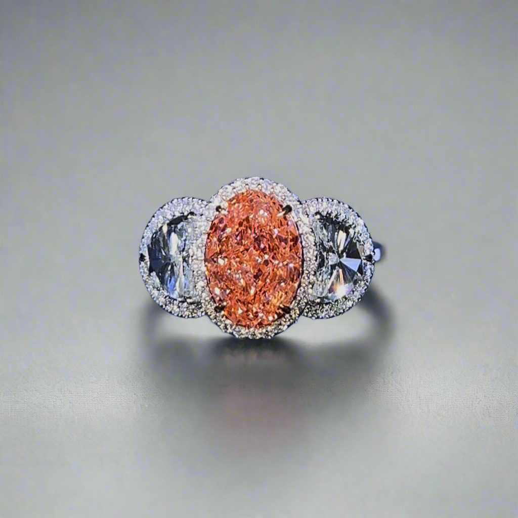 3.00CT VIVID PINK OVAL CUT DIAMOND 3 STONE RING