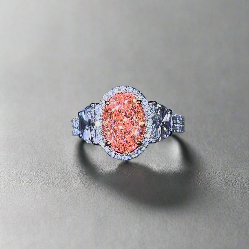 3.00CT VIVID PINK OVAL CUT DIAMOND 3 STONE RING