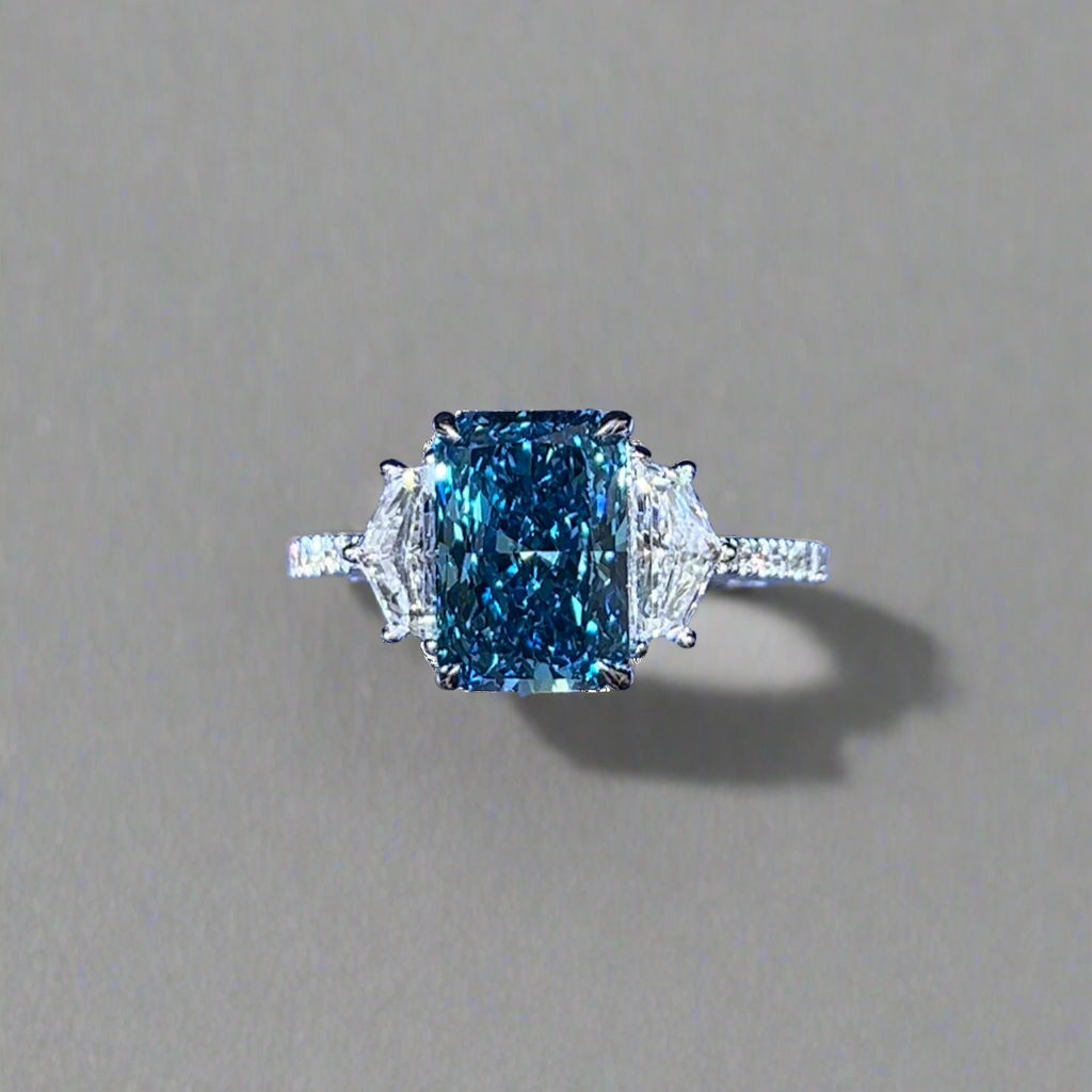 3.00CT VIVID BLUE RADIANT CUT DIAMOND 3 STONE RING