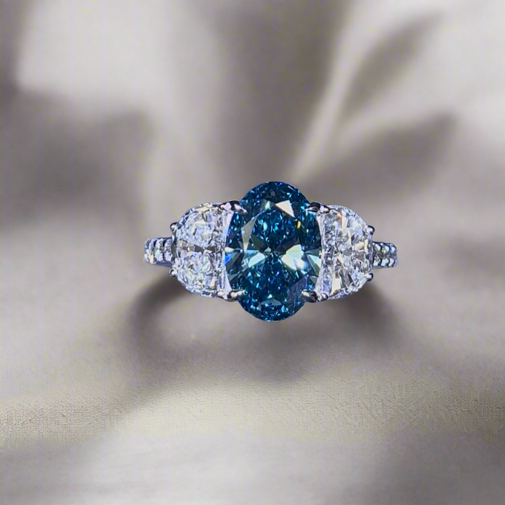 2.50CT VIVID BLUE OVAL CUT DIAMOND 3 STONE RING