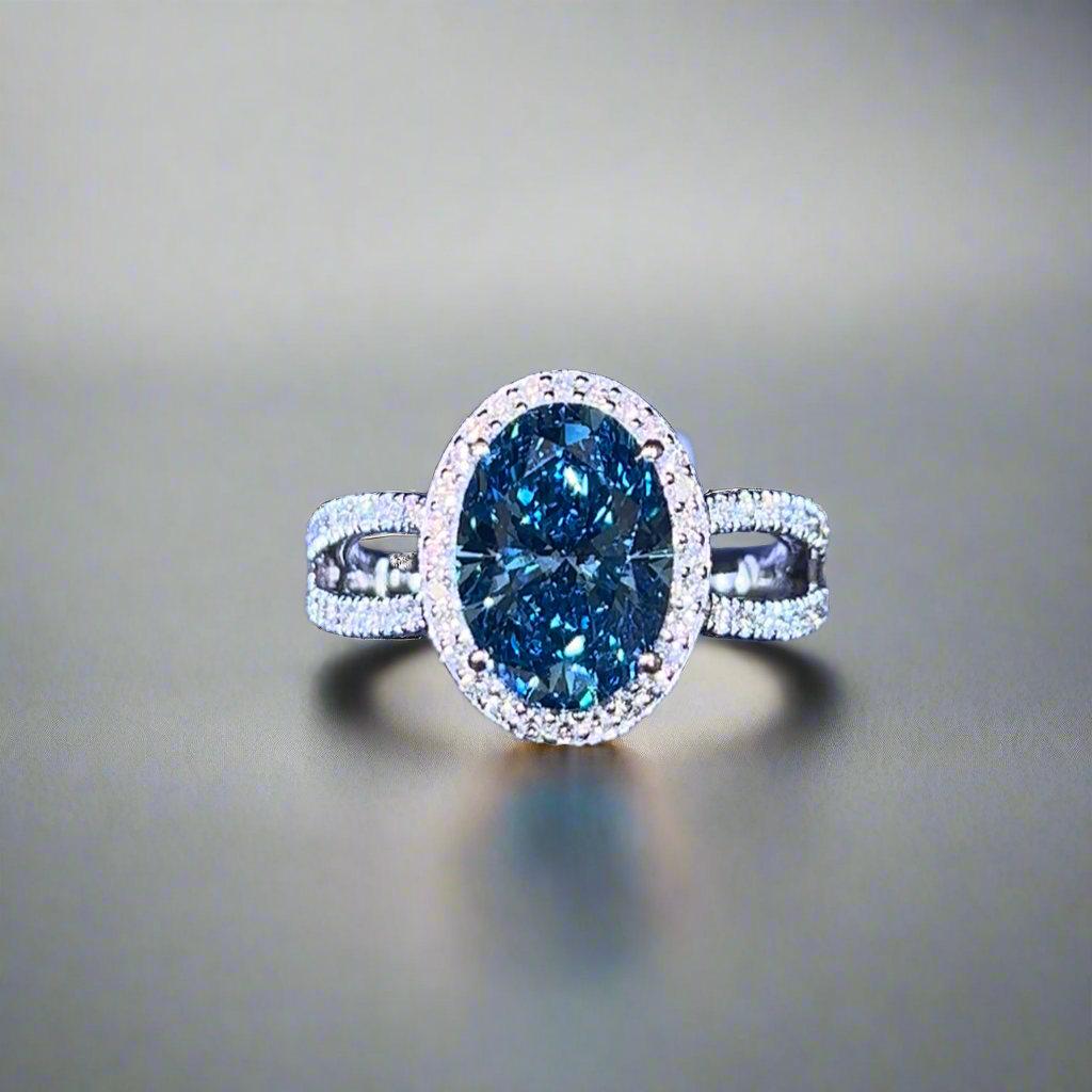 3.00CT VIVID BLUE OVAL CUT DIAMOND HALO RING