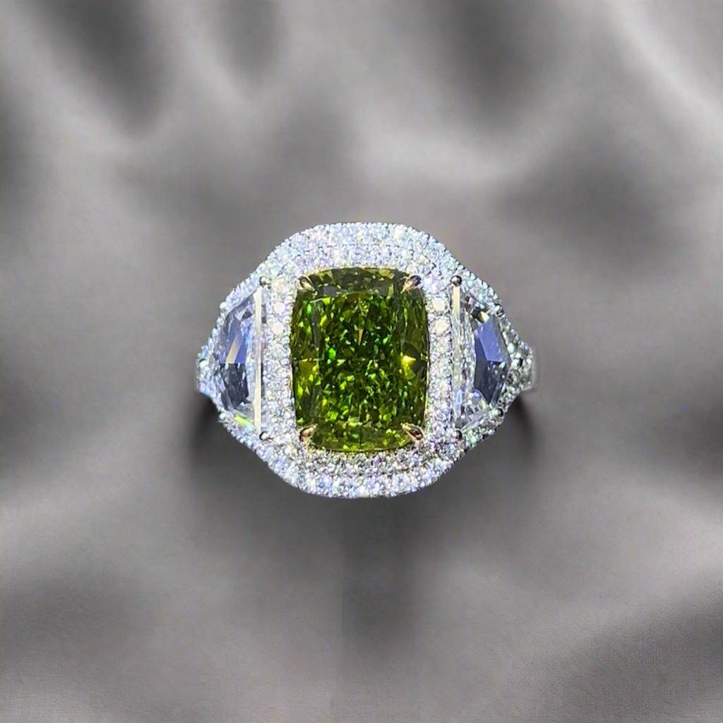 3.50CT VIVID GREEN ELONGATED CUSHION CUT DIAMOND 3 STONE RING