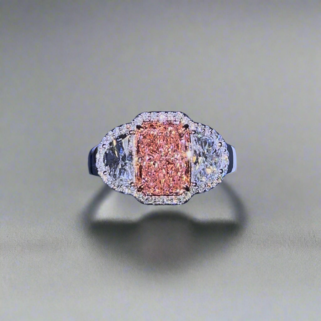 2.50CT VIVID PINK RADIANT CUT DIAMOND 3 STONE RING