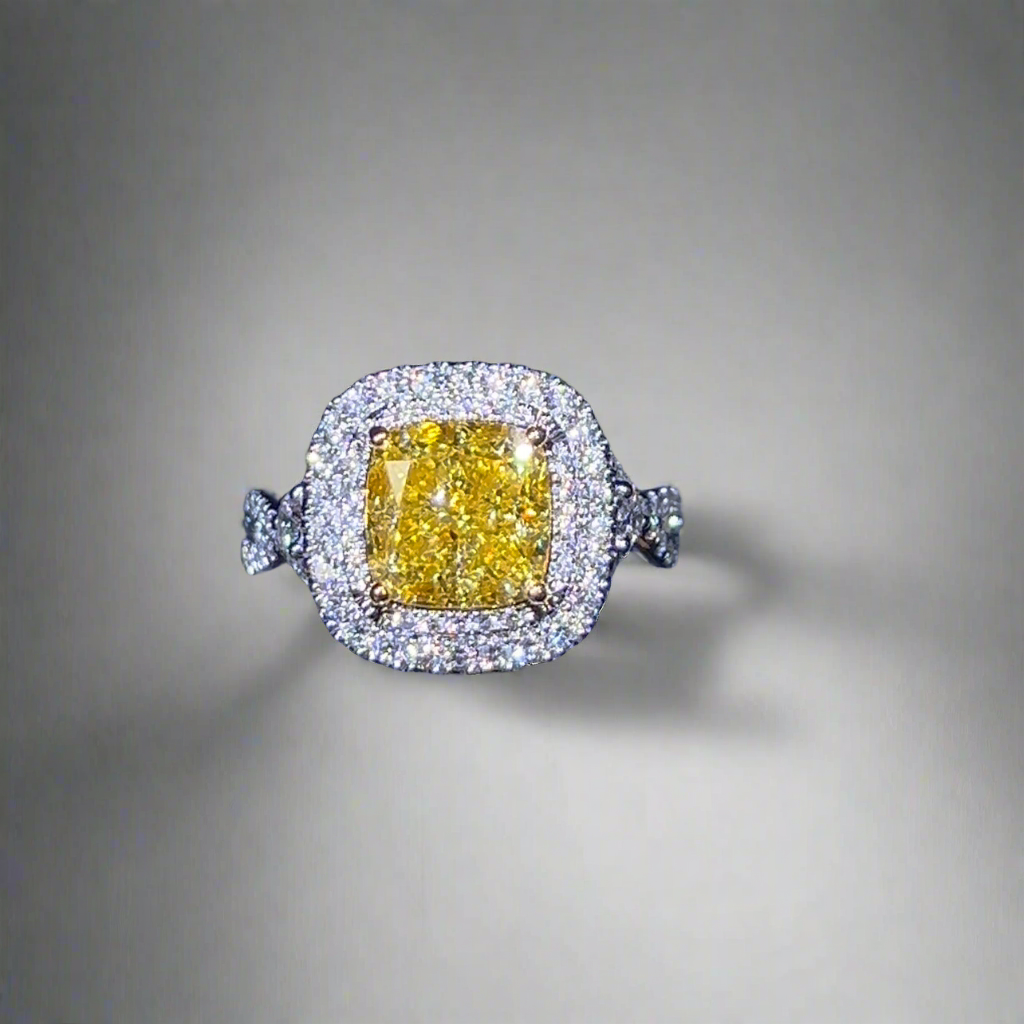 3.00CT VIVID YELLOW CUSHION CUT DIAMOND HALO RING