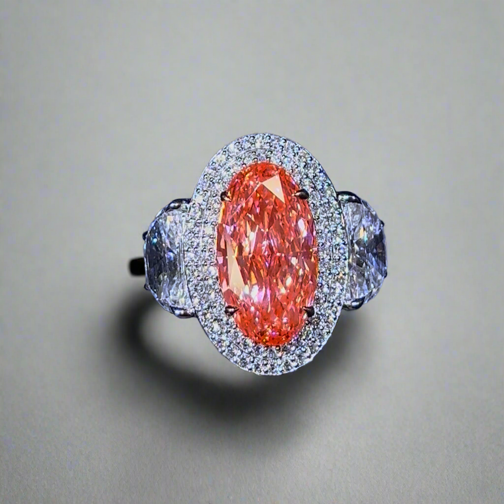 6.00CT VIVID PINK OVAL CUT DIAMOND 3 STONE RING