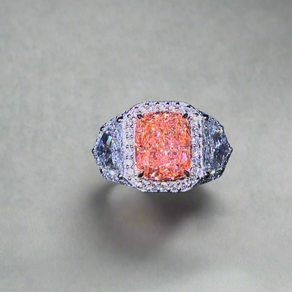 2.50CT VIVID PINK ELONGATED CUSHION CUT DIAMOND 3 STONE RING