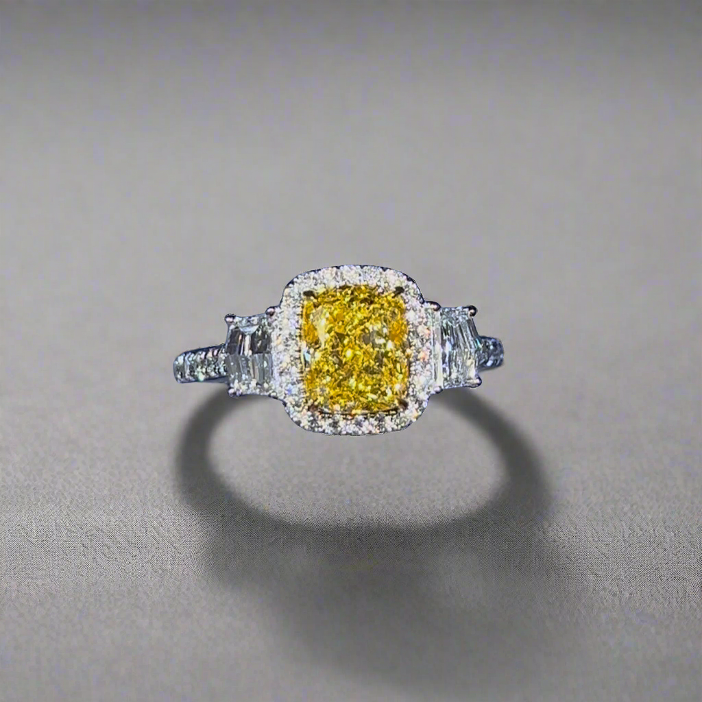 1.50CT VIVID YELLOW CUSHION CUT DIAMOND 3 STONE RING