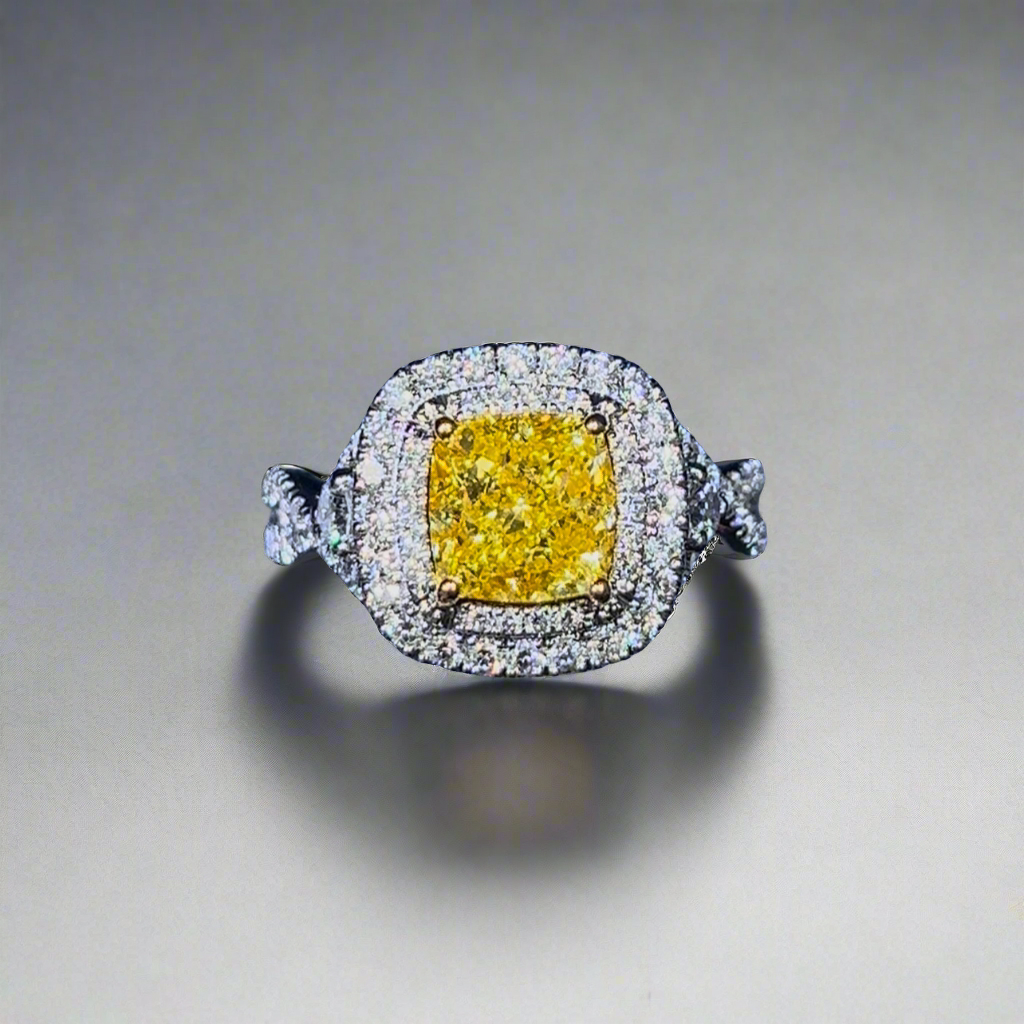 2.50CT VIVID YELLOW CUSHION CUT DIAMOND HALO RING