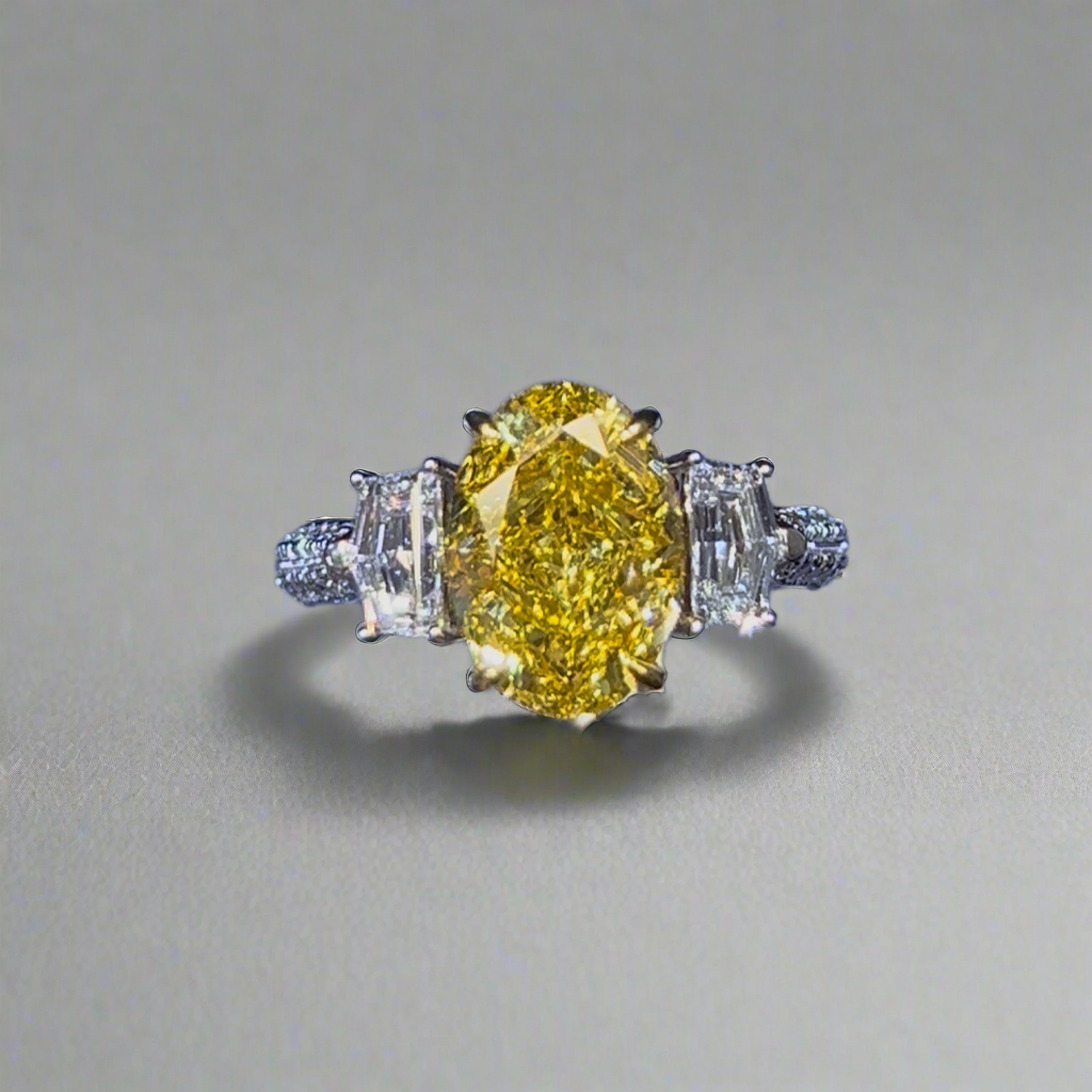 3.50CT VIVID YELLOW OVAL CUT DIAMOND 3 STONE RING