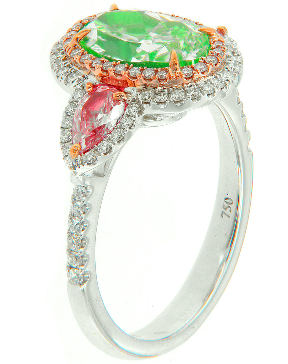 2.10CT GREEN OVAL DIAMOND RING W PINK PEAR DIAMONDS GIA