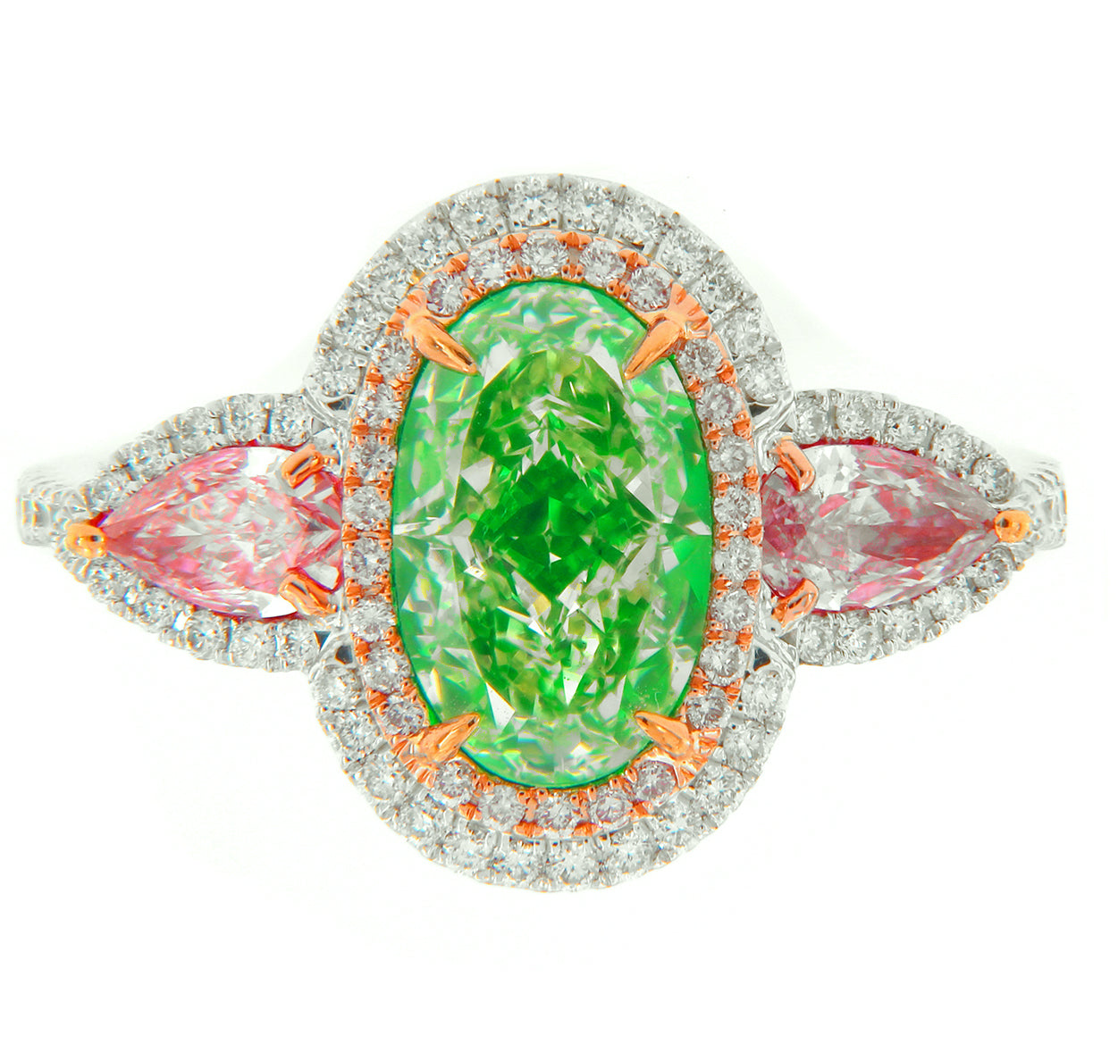 2.10CT GREEN OVAL DIAMOND RING W PINK PEAR DIAMONDS GIA