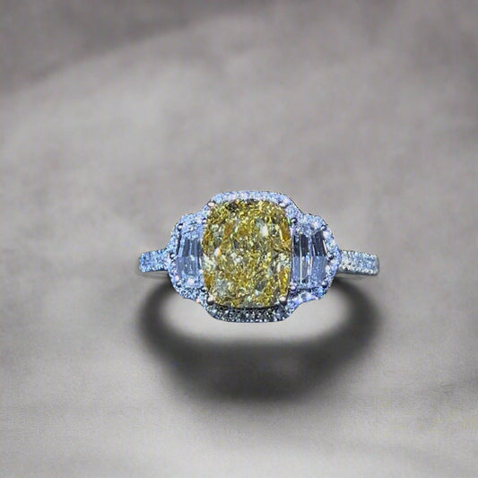 2.50CT VIVID YELLOW ELONGATED CUSHION CUT DIAMOND 3 STONE RING