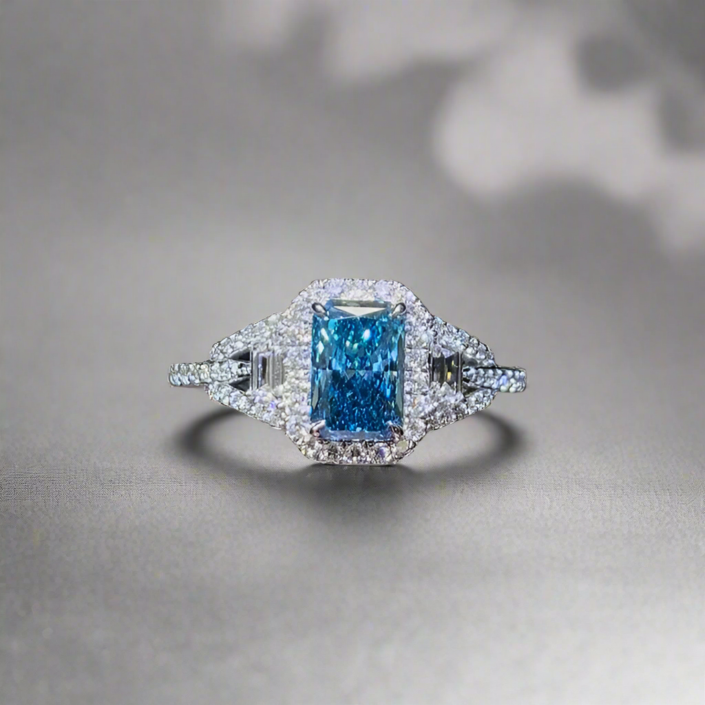 1.00CT VIVID BLUE RADIANT CUT DIAMOND RING