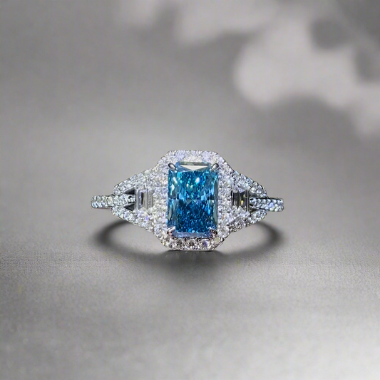 1.00CT VIVID BLUE RADIANT CUT DIAMOND RING