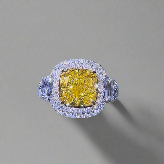 4.00CT VIVID YELLOW CUSHION CUT DIAMOND 3 STONE RING
