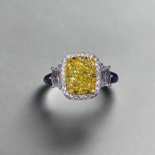 3.50CT VIVID YELLOW ELONGATED CUSHION CUT DIAMOND 3 STONE RING