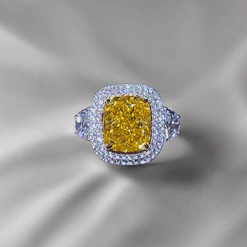 5.00CT VIVID YELLOW ELONGATED CUSHION CUT DIAMOND 3 STONE RING