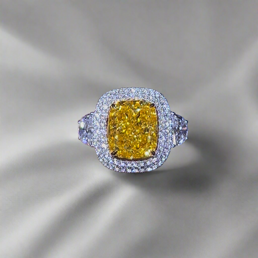 5.00CT VIVID YELLOW ELONGATED CUSHION CUT DIAMOND 3 STONE RING