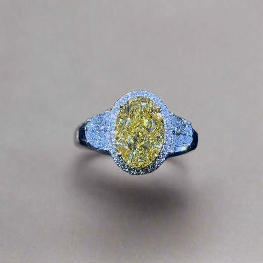 3.50CT VIVID YELLOW OVAL CUT DIAMOND 3 STONE RING