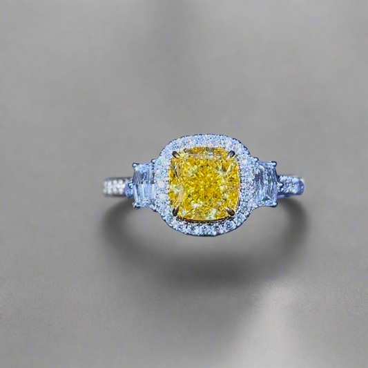 3.00CT VIVID YELLOW CUSHION CUT DIAMOND 3 STONE RING