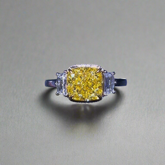 3.00CT VIVID YELLOW CUSHION CUT 3 STONE RING
