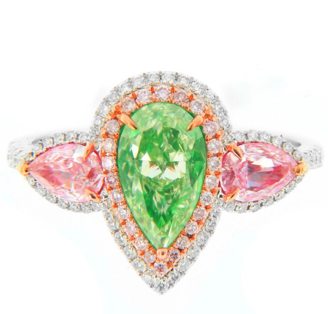 1.50CT GREEN & PINK DIAMOND PEAR RING GIA