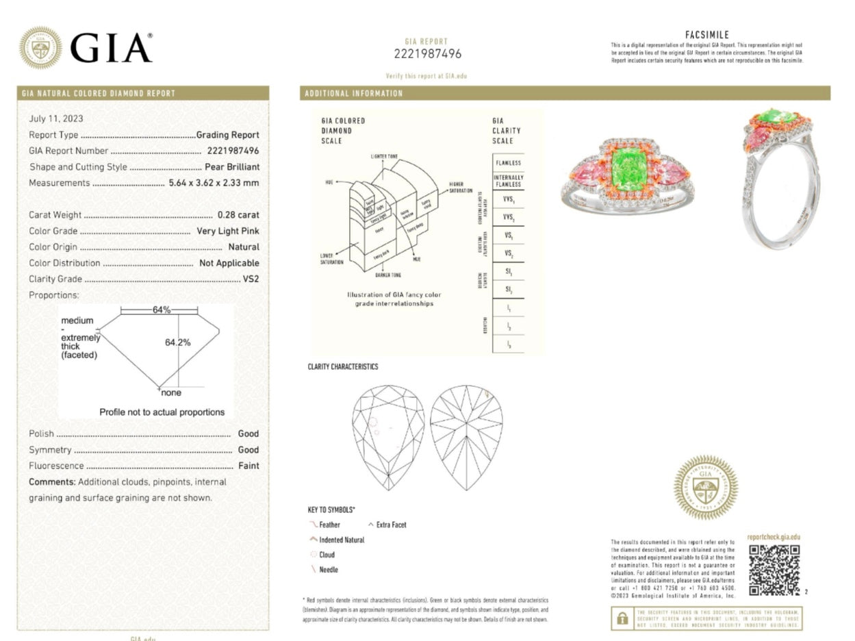1.06CT VVS1 ELONGATED CUSHION GREEN DIAMOND RING W PINK PEAR DIAMONDS GIA