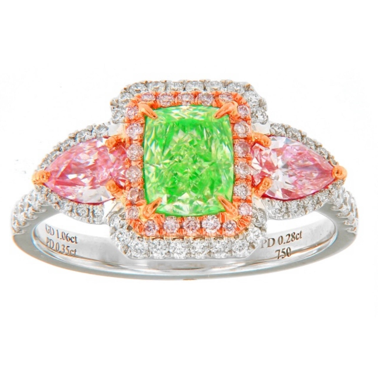 1.06CT VVS1 ELONGATED CUSHION GREEN DIAMOND RING W PINK PEAR DIAMONDS GIA