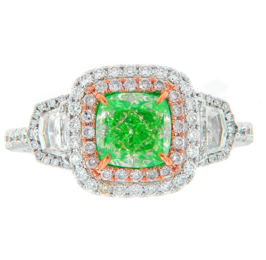 1.51CT VVS1 GREEN DIAMOND CUSHION RING GIA