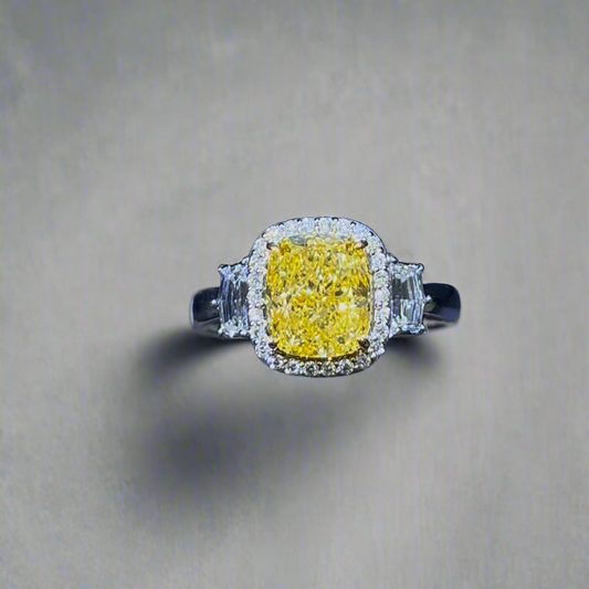3.00CT VIVID YELLOW ELONGATED CUSHION CUT DIAMOND 3 STONE RING