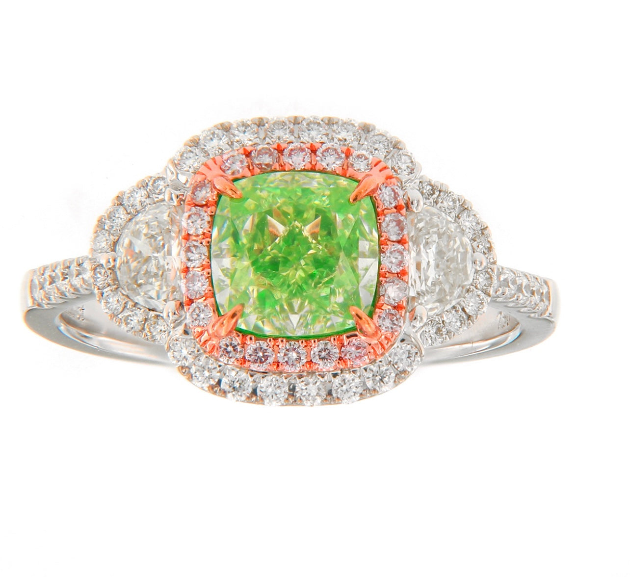 1.55CT INTERNALLY FLAWLESS GREEN DIAMOND CUSHION RING GIA