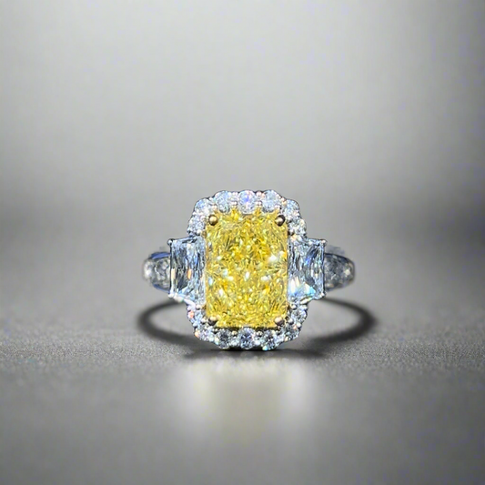 4.00CT VIVID YELLOW RADIANT CUT DIAMOND 3 STONE RING