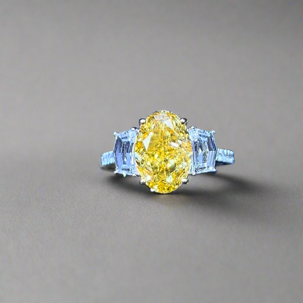 4.00CT VIVID YELLOW OVAL CUT DIAMOND 3 STONE RING