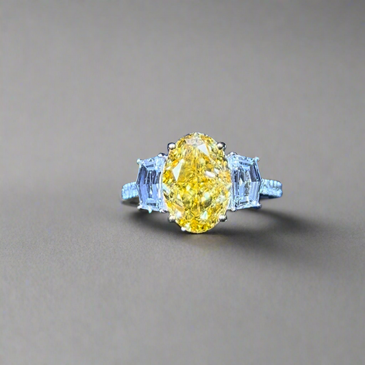4.00CT VIVID YELLOW OVAL CUT DIAMOND 3 STONE RING