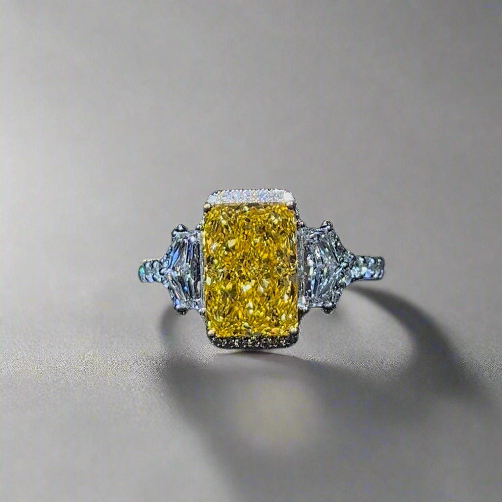3.50CT VIVID YELLOW RADIANT CUT DIAMOND 3 STONE RING