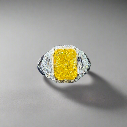3.50CT VIVID YELLOW RADIANT CUT DIAMOND 3 STONE RING
