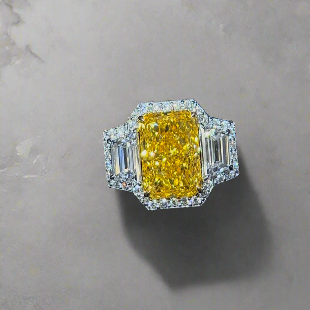 4.00CT VIVID YELLOW RADIANT CUT DIAMOND 3 STONE RING